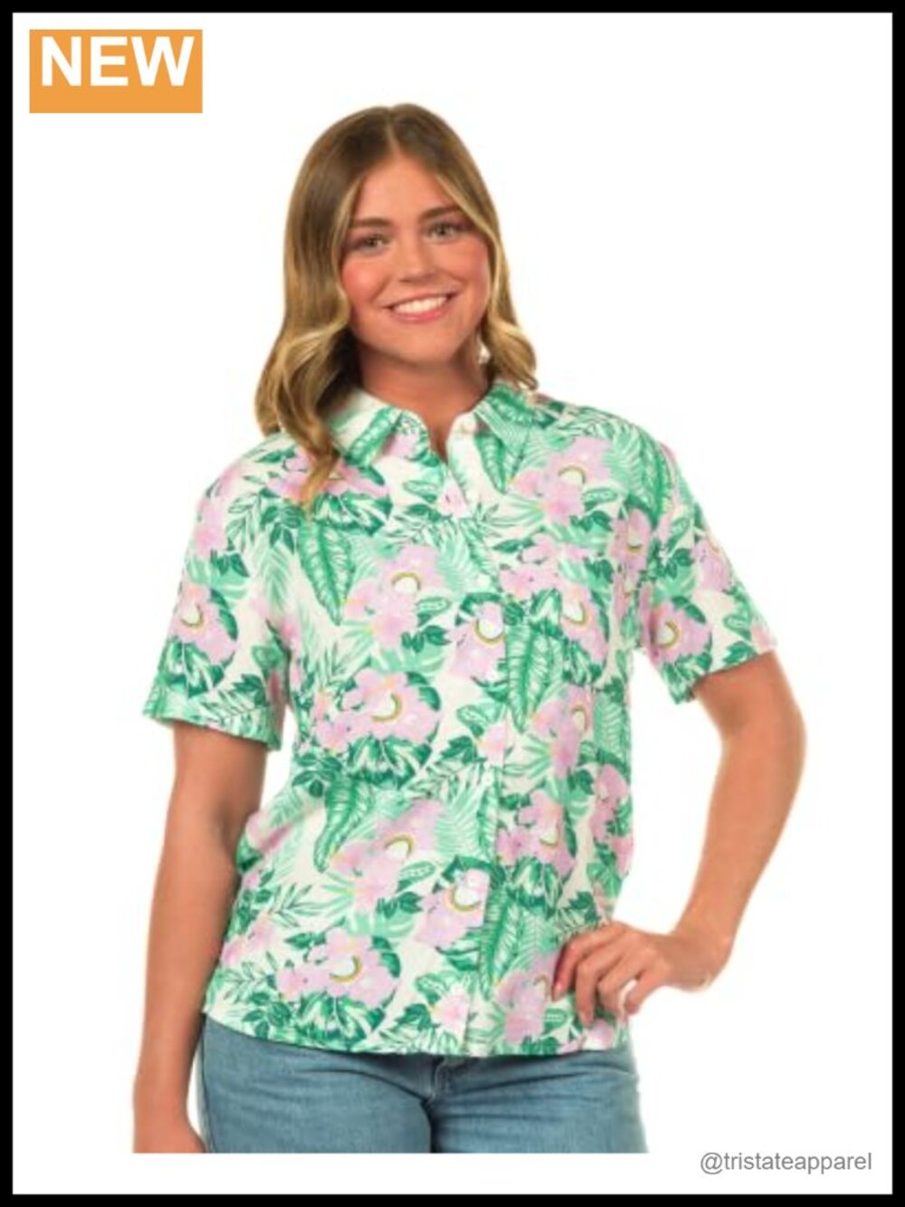 Care Bear Cheer Tropical Button Up Shirt Junior Women's Rayon Short Sleeve